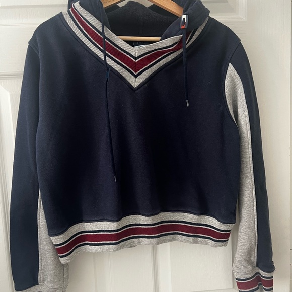 Vintage 90s Tommy Hilfiger Navy and Gray Pullover Hoodie - Picture 1 of 4